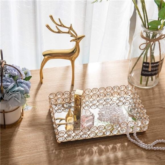 Crystal Mirrored Cosmetic Tray Vanity Rectangle Jewelry Trinket Organizer Tray - Picture 5 of 7